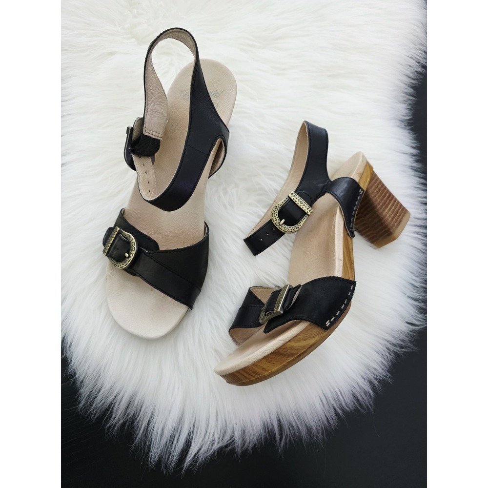 Dansko Anna Sandals Chunky Block Heel Black Leather Women's Size 39 US 8.5-9